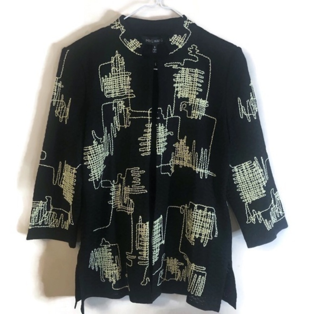 Ming Wang Open Blazer/ Cardigan Scribble Embroidery Black &yellow Size S